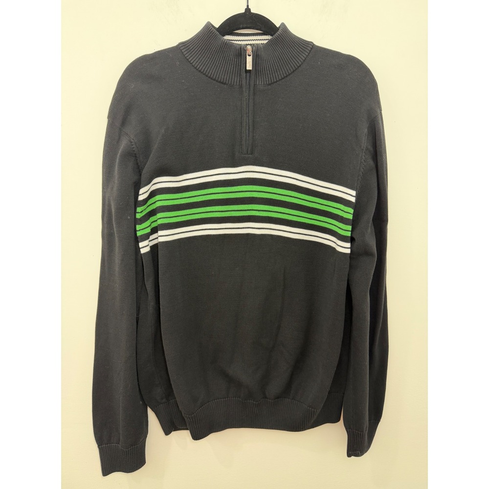 Bobby Jones Mens Large 1/4 Zip Pima Cotton Sweater Black Green Striped Golf L